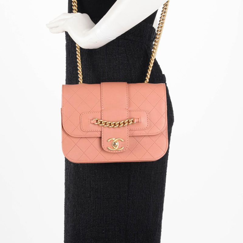 Chanel Pink Quilted Sheepskin Front Chain Flap Bag - Blue Spinach