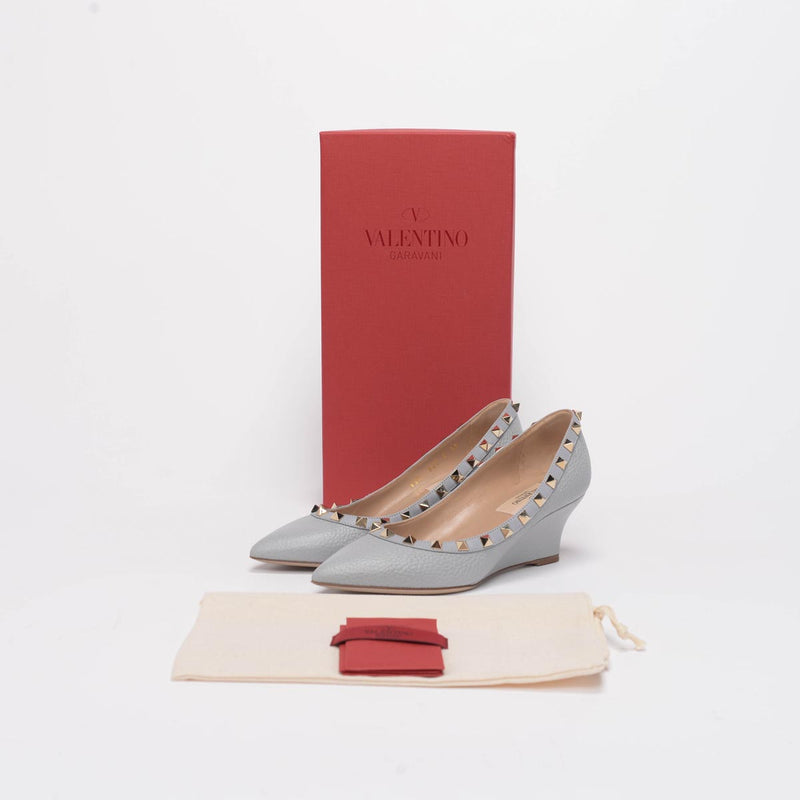 Valentino Grey Pebbled Leather Rockstud Wedges 35 - Blue Spinach