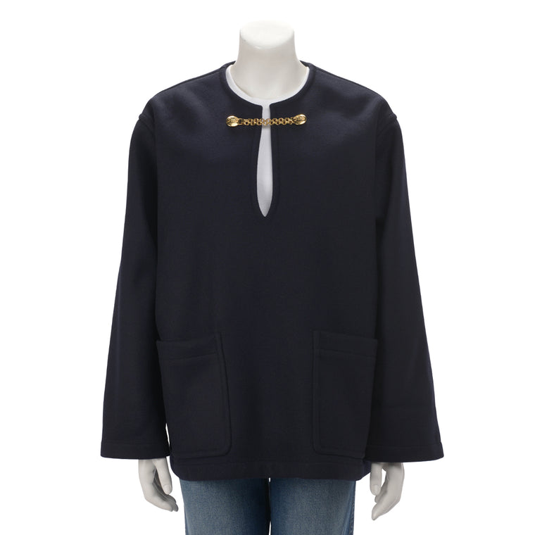 Celine Navy Wool Melton V-Neck Chain Pullover FR 38