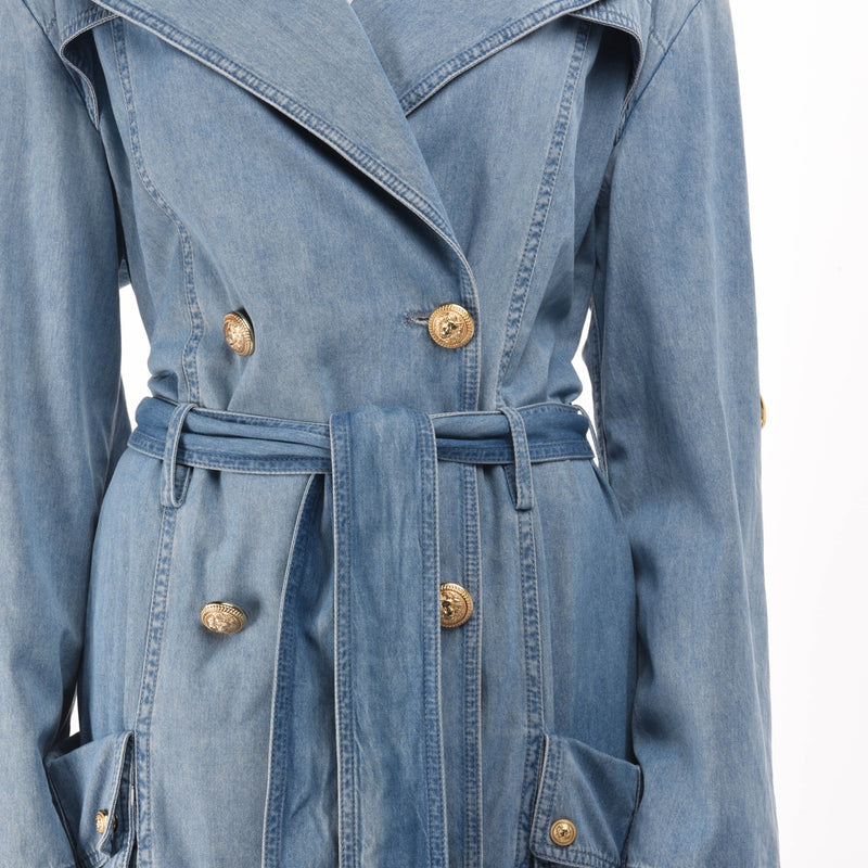 Balmain Blue Denim Trench Coat FR 34 - Blue Spinach