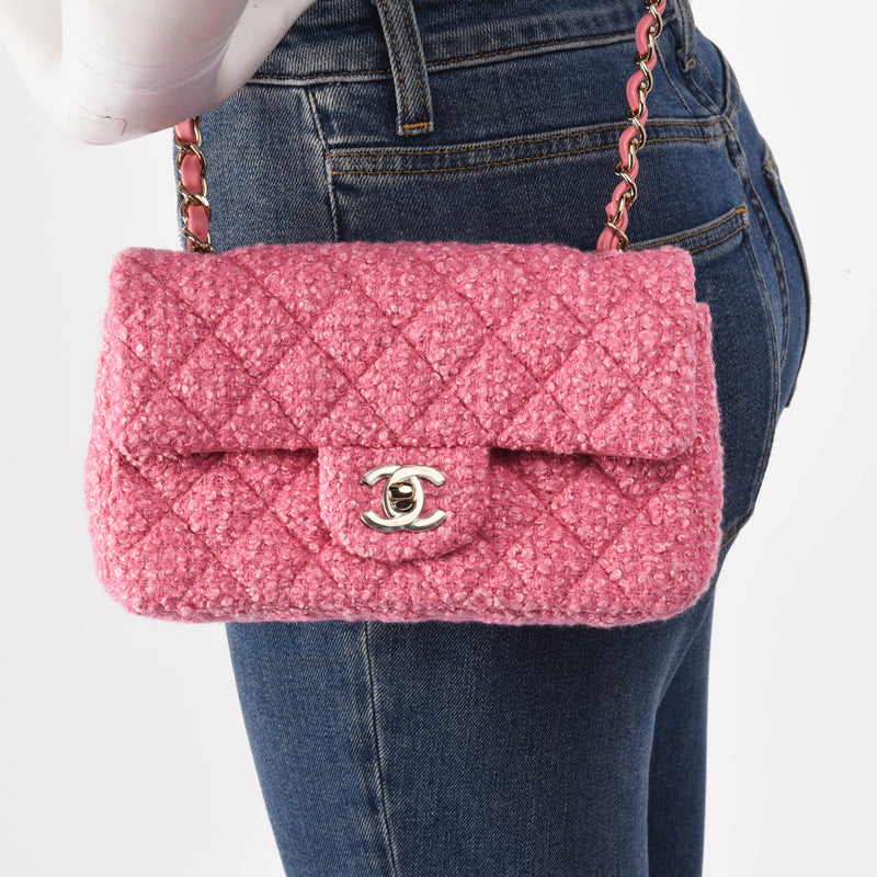 Chanel Pink Boucle Tweed Mini Rectangular Flap Bag - Blue Spinach