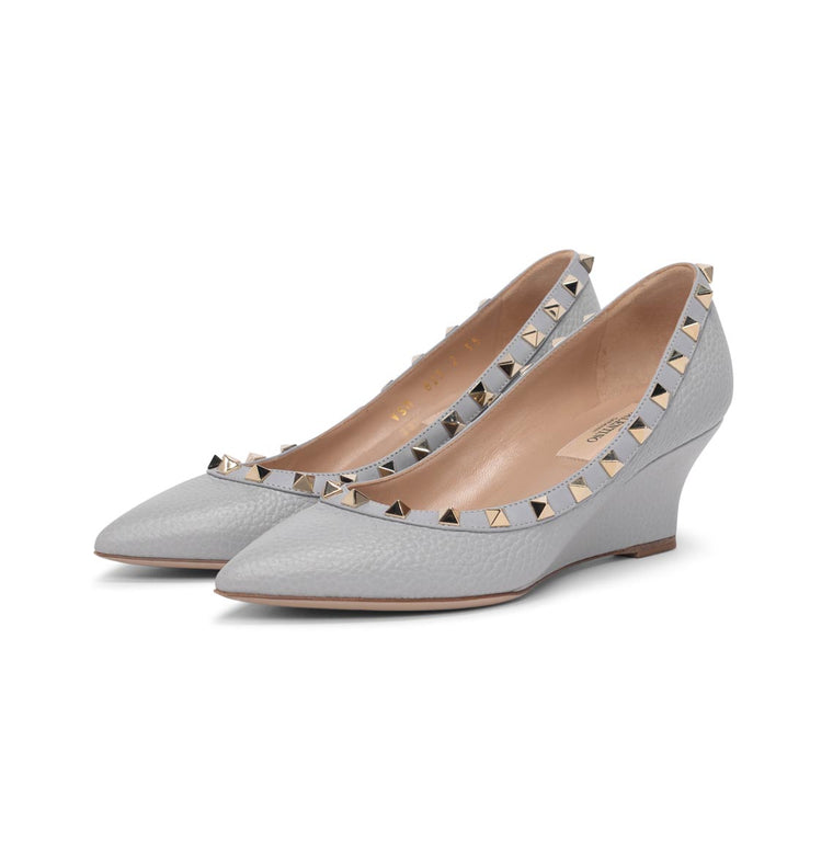 Valentino Grey Pebbled Leather Rockstud Wedges 35