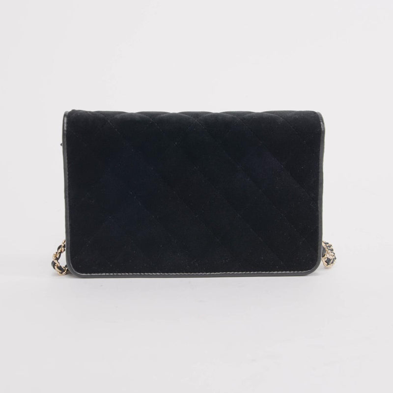 Chanel Black & Gold Velvet Camellia Wallet on Chain - Blue Spinach