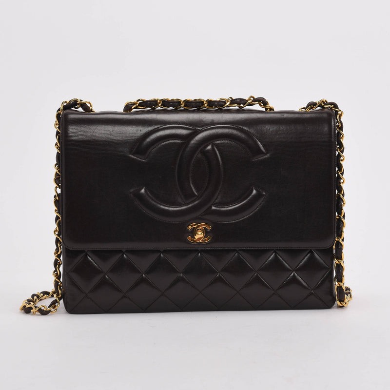 Chanel Vintage Brown Lambskin CC Maxi Flap Bag - Blue Spinach