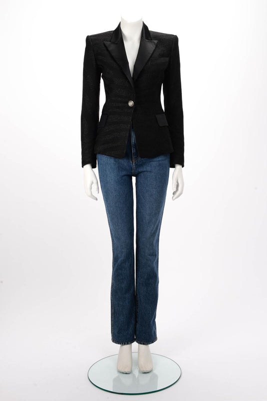 Balmain Black Lurex & Satin Single Breasted Blazer FR 36 - Blue Spinach