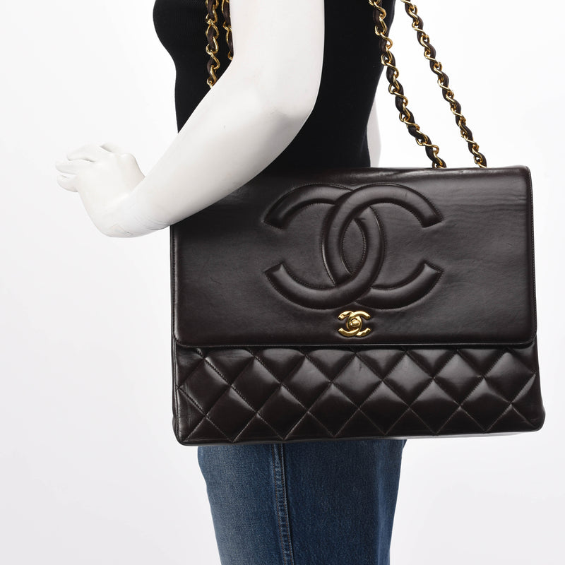 Chanel Vintage Brown Lambskin CC Maxi Flap Bag - Blue Spinach