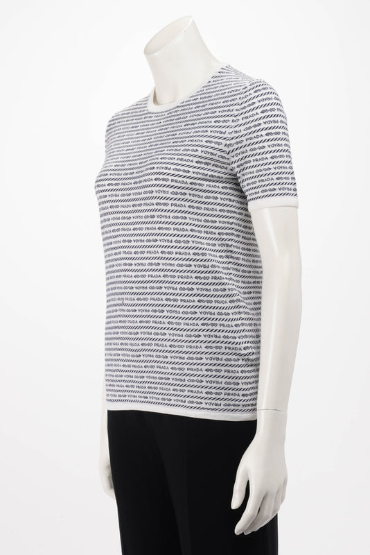 Prada Black & White Wool Logo Intarsia Knit Top IT 40 - Blue Spinach