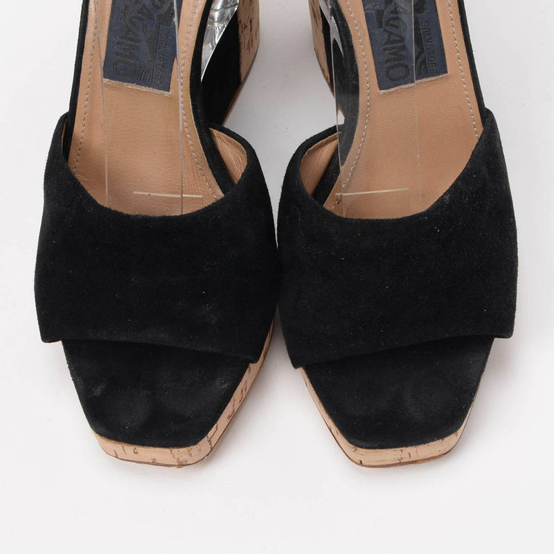 Ferragamo Black Suede Pert Cork Wedges 7.5 - Blue Spinach