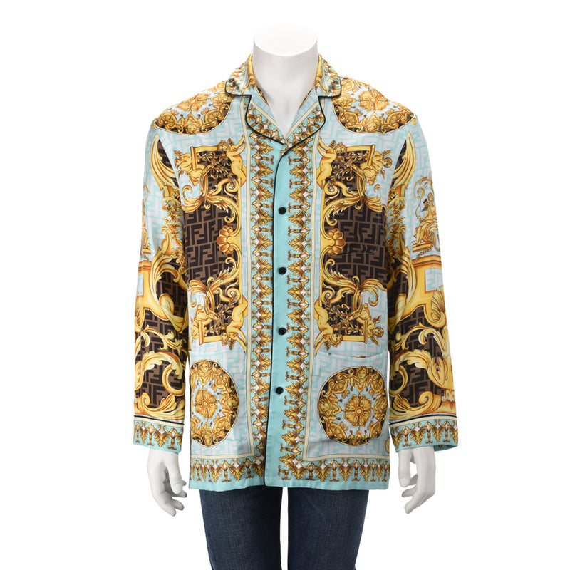 Fendace Gold & Blue Silk Baroque Shirt 3 - Blue Spinach