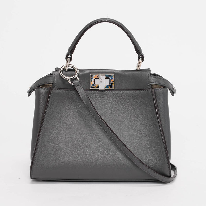 Fendi Grey Leather Mini Peekaboo Shoulder Bag - Blue Spinach