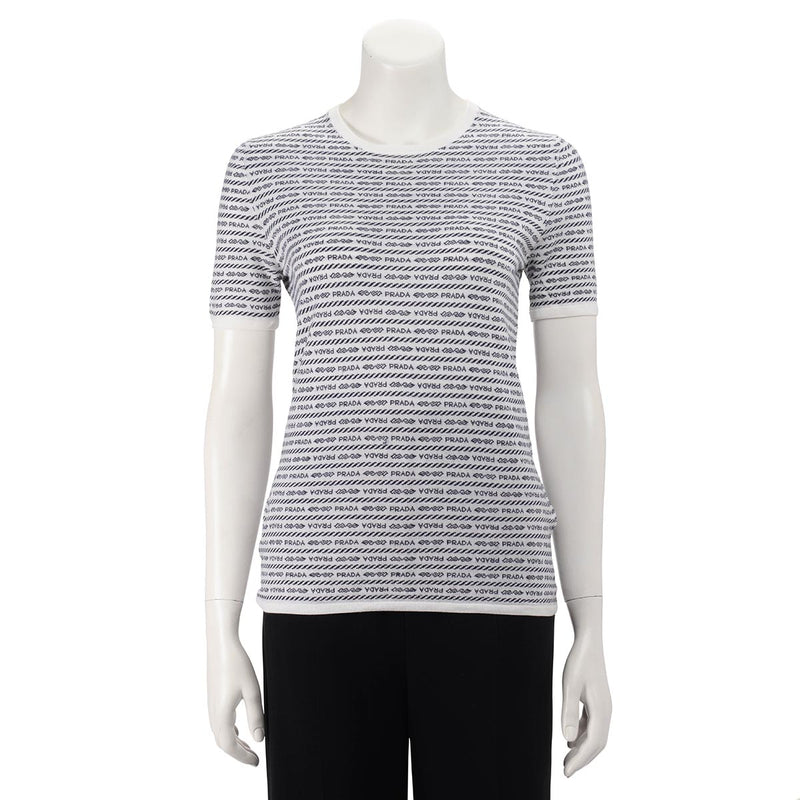 Prada Black & White Wool Logo Intarsia Knit Top IT 40 - Blue Spinach