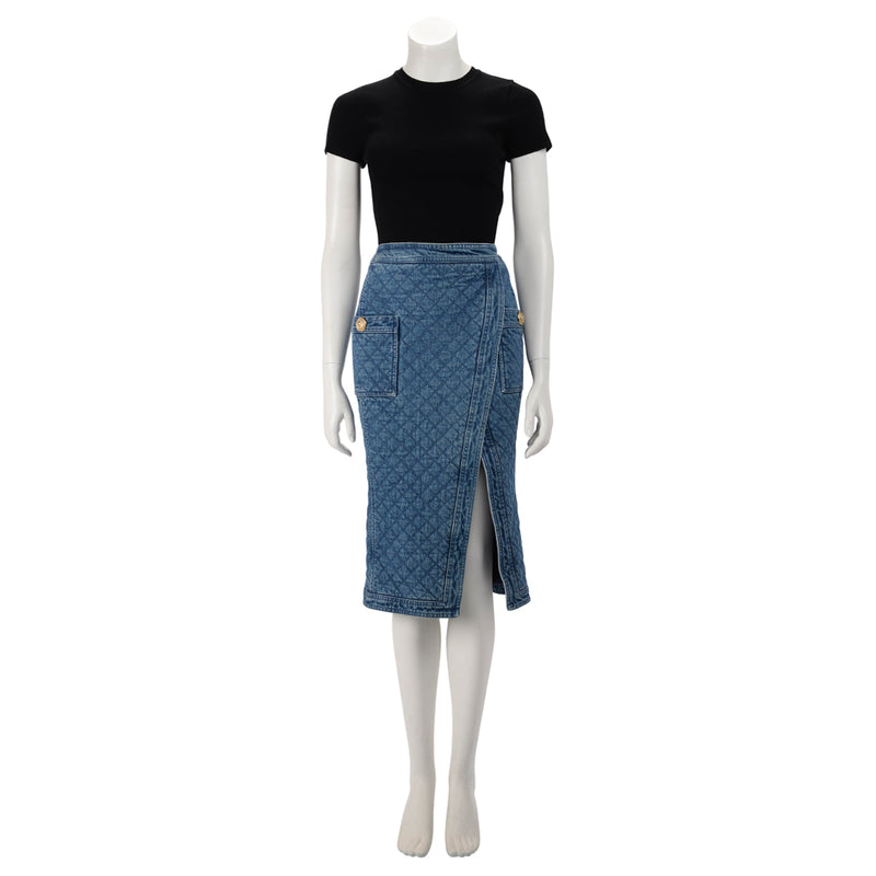 Balmain Blue Quilted Denim Pencil Skirt FR 36 - Blue Spinach