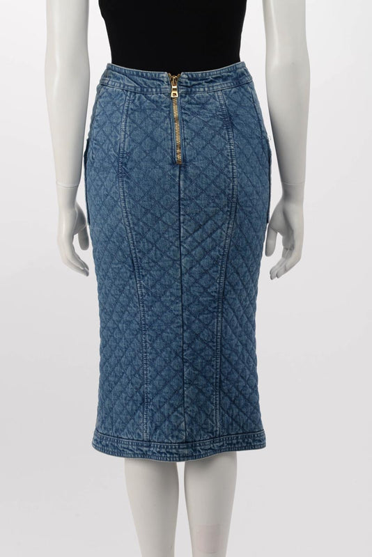 Balmain Blue Quilted Denim Pencil Skirt FR 36 - Blue Spinach