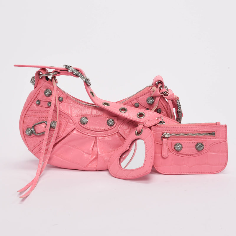 Balenciaga Pink Croc Embossed Le Cagole XS Bag - Blue Spinach