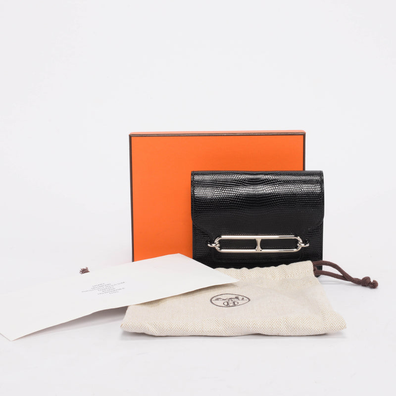 Hermes Noir Shiny Lizard Roulis Slim Wallet - Blue Spinach