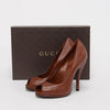 Gucci Tan Nappa Horsebit Heel Peep Toe Pumps 36.5 - Blue Spinach