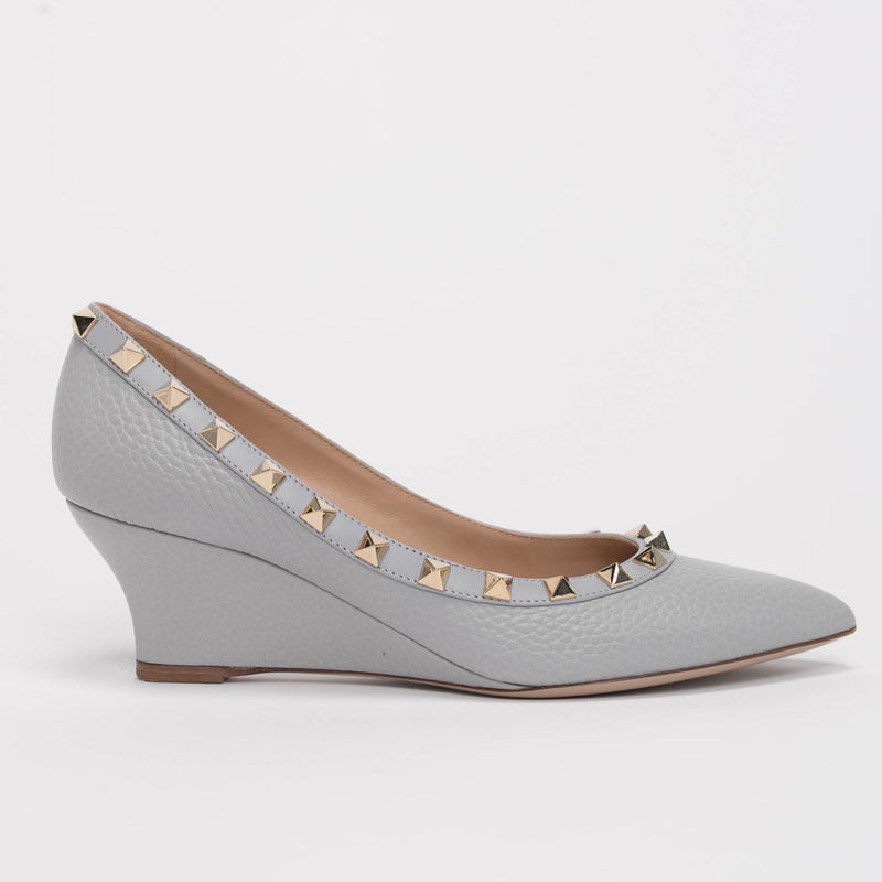 Valentino Grey Pebbled Leather Rockstud Wedges 35 - Blue Spinach