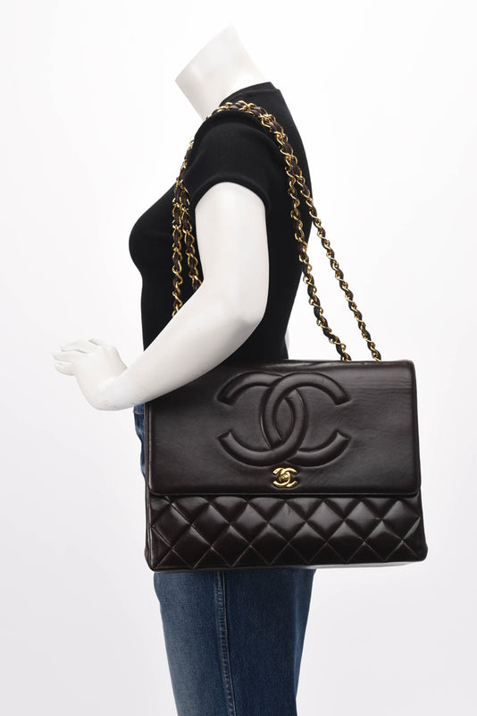 Chanel Vintage Brown Lambskin CC Maxi Flap Bag - Blue Spinach