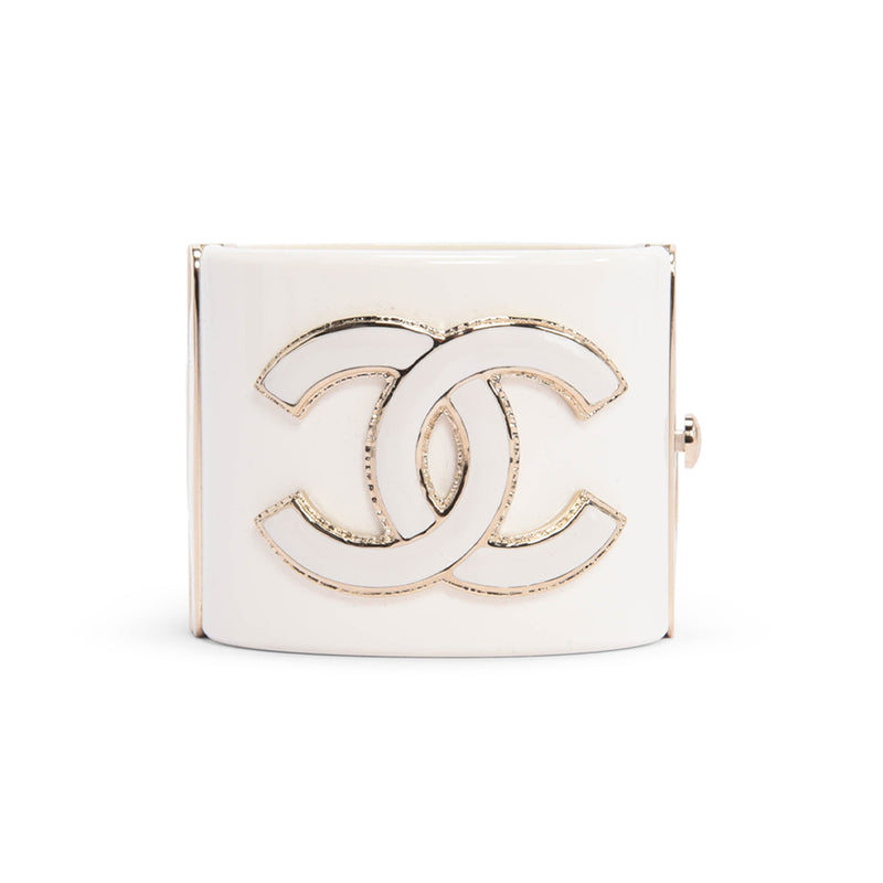 Chanel Cream & Gold Resin CC Cuff - Blue Spinach