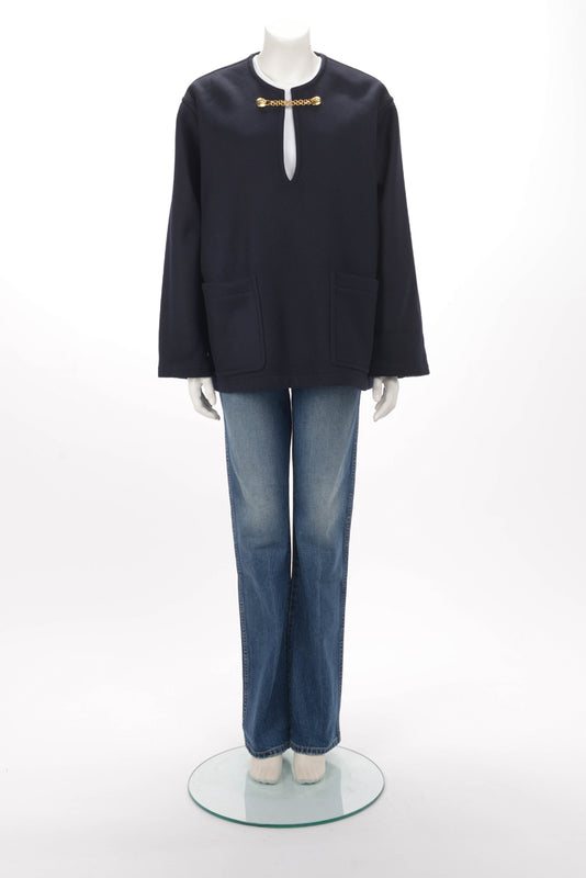 Celine Navy Wool Melton V-Neck Chain Pullover FR 38 - Blue Spinach