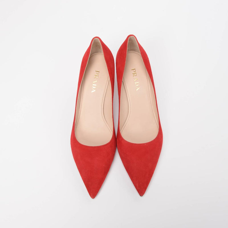 Prada Red Suede Low Heel Pumps - Blue Spinach