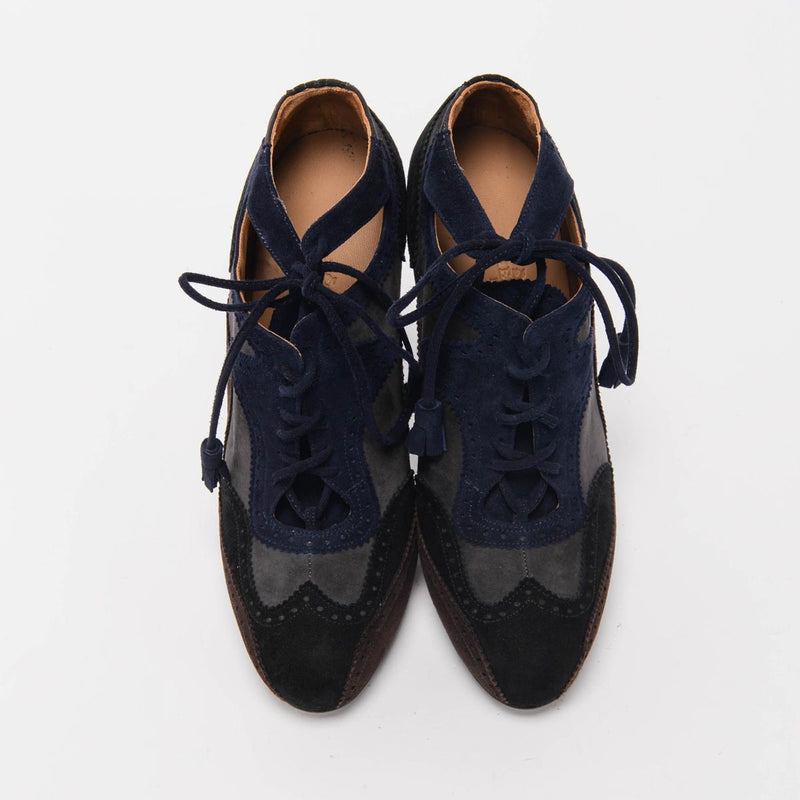 Hermes Tri-Colour Suede Brogue Lace-Up Booties 36 - Blue Spinach