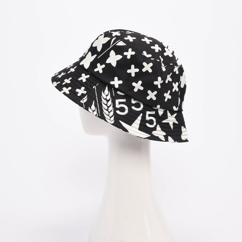 Chanel Black & White Printed Cotton Bucket Hat - Blue Spinach