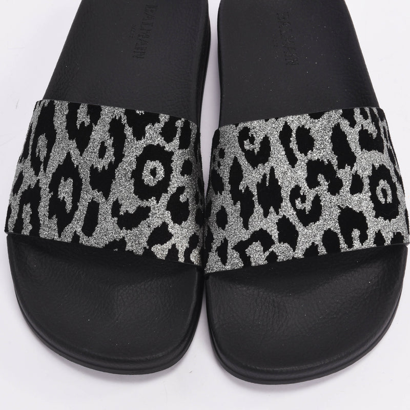 Balmain Black & Silver Leopard Print Calypso Slides 39 - Blue Spinach