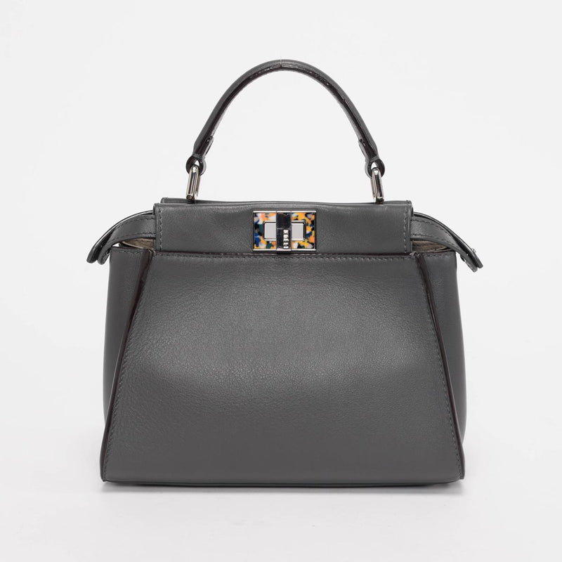 Fendi Grey Leather Mini Peekaboo Shoulder Bag - Blue Spinach