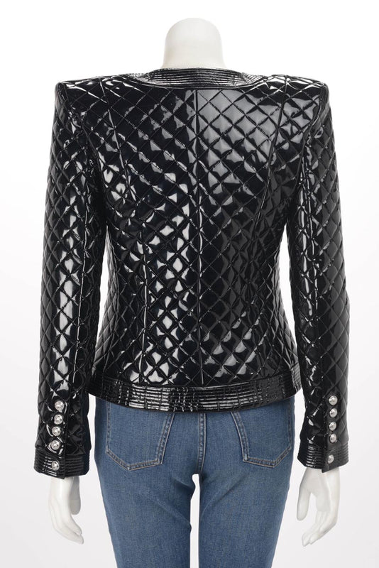 Balmain Black Patent Quilted Jacket FR 38 - Blue Spinach