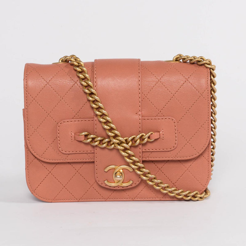 Chanel Pink Quilted Sheepskin Front Chain Flap Bag - Blue Spinach