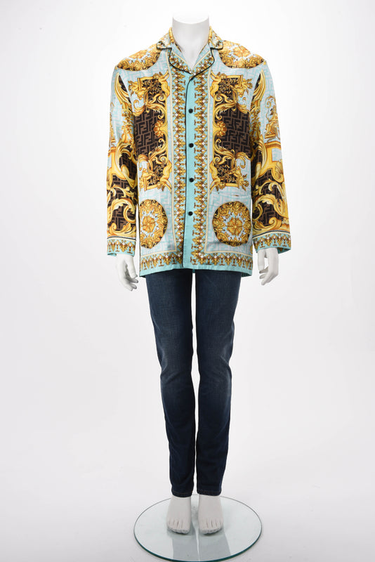 Fendace Gold & Blue Silk Baroque Shirt 3 - Blue Spinach