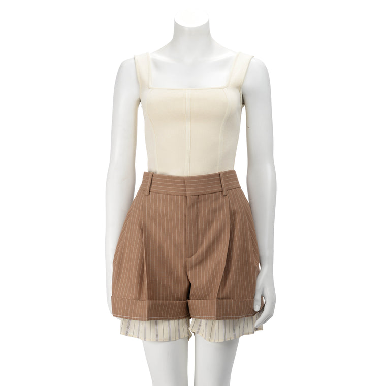 Chloe Brown Pinstriped Silk Trim Shorts FR 40