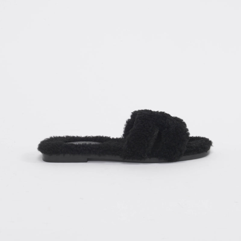 Hermes Black Shearling Oran Sandals 35 - Blue Spinach