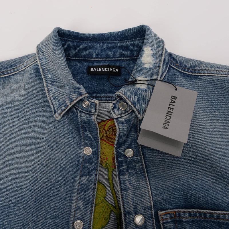 Balenciaga Denim Rose Embroidered Shirt 42 - Blue Spinach