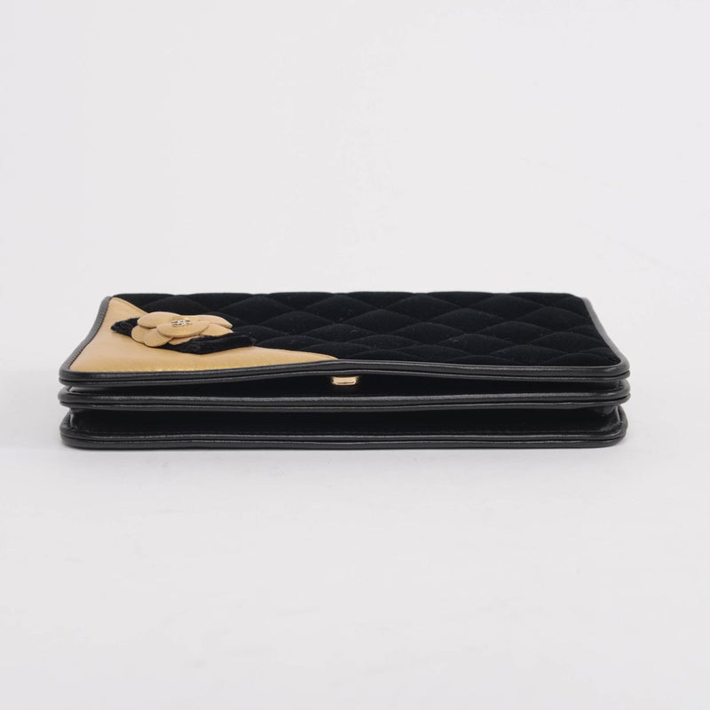 Chanel Black & Gold Velvet Camellia Wallet on Chain - Blue Spinach