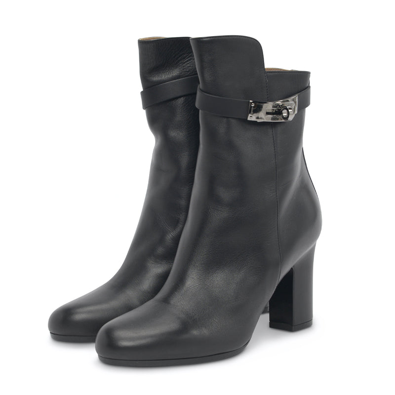 Hermes Black Calfskin Joueuse Boots 37.5 - Blue Spinach