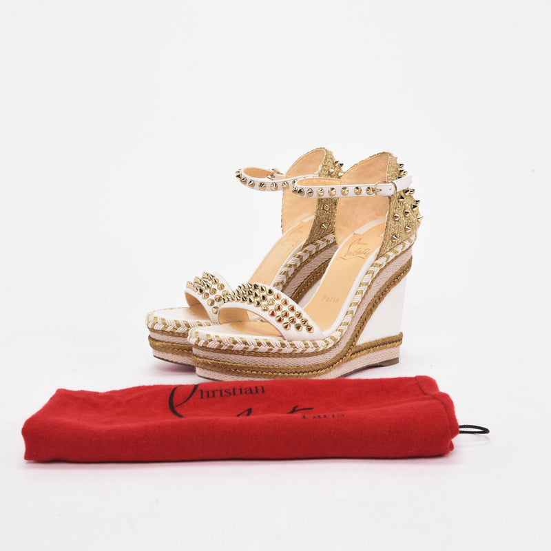 Christian Louboutin White & Gold Studded Madmonica Wedges 37 - Blue Spinach