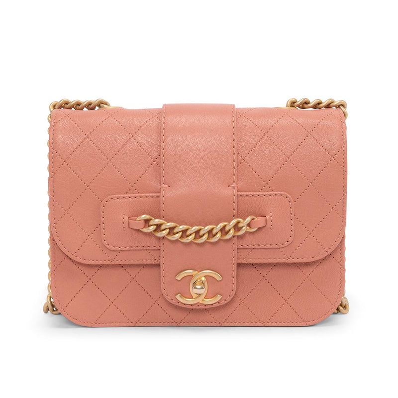 Chanel Pink Quilted Sheepskin Front Chain Flap Bag - Blue Spinach